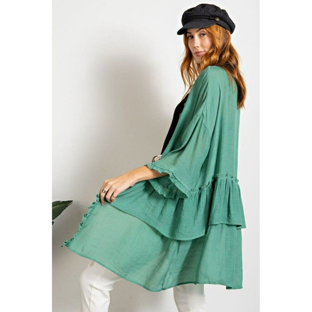 Easel Lightweight Half Sleeve Double Ruffled Open Long Cardigan Wormwood ET3297 - Picture 2 of 5